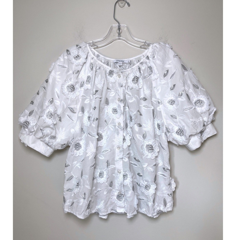 Chico's White 3D Floral Embroidered Puff Sleeve Blouse Peasant Top US 8